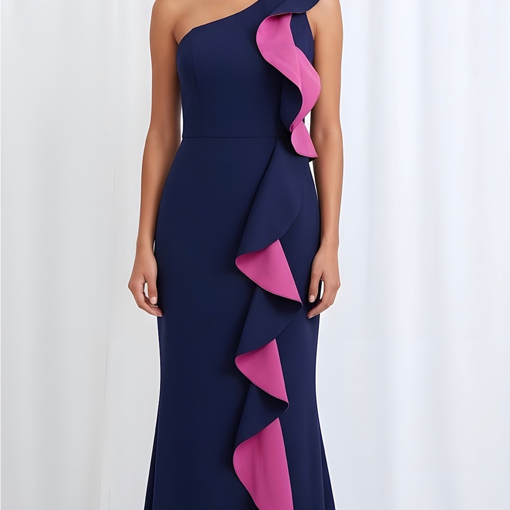 Women’s Junior Dear Moon Blue & Pink One Shoulder Ruffle Mermaid Maxi Dress Sz 1